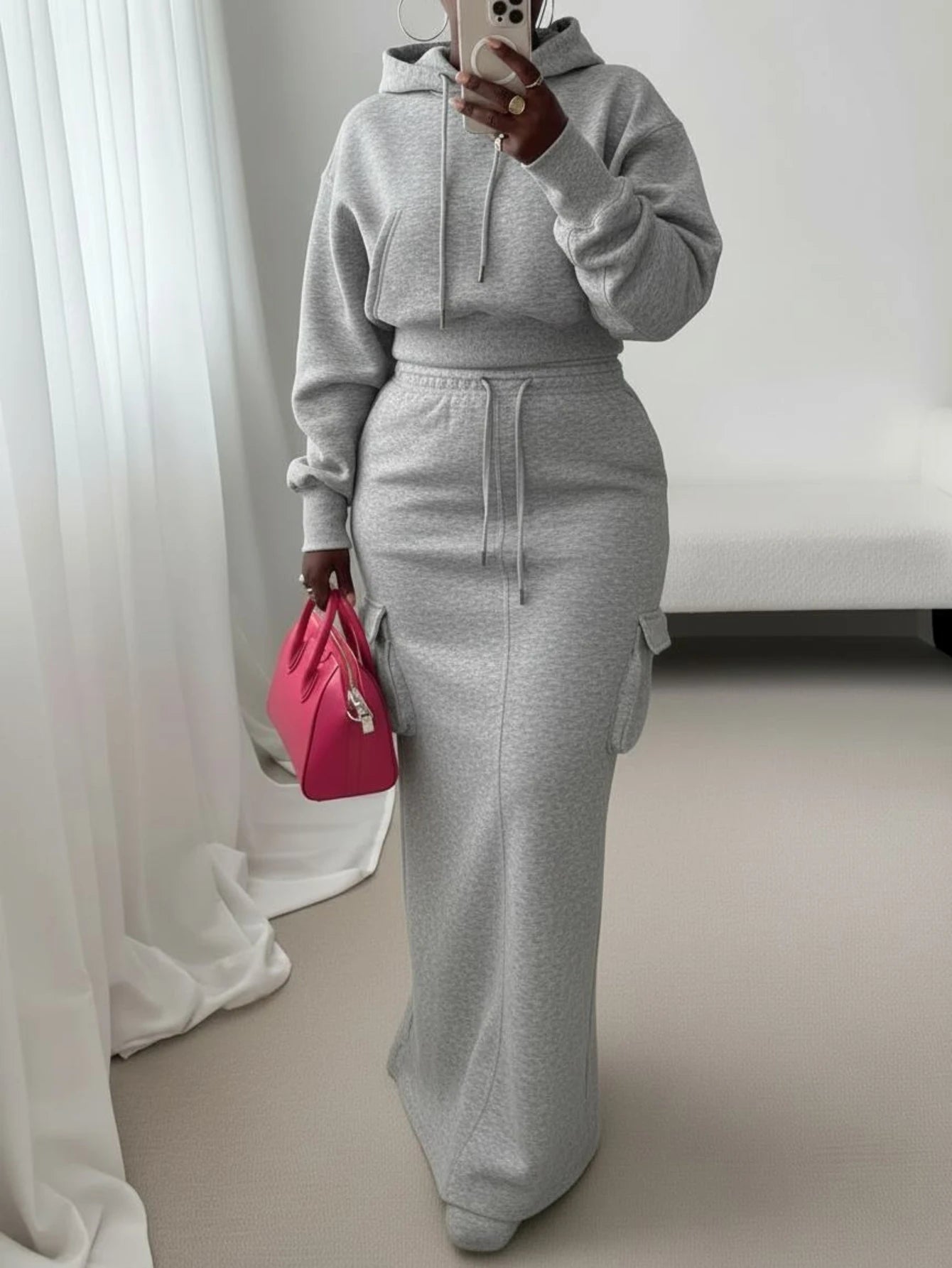 Women's Hooded Cropped Sweatshirt Cargo Pocket Maxi Skirt Set