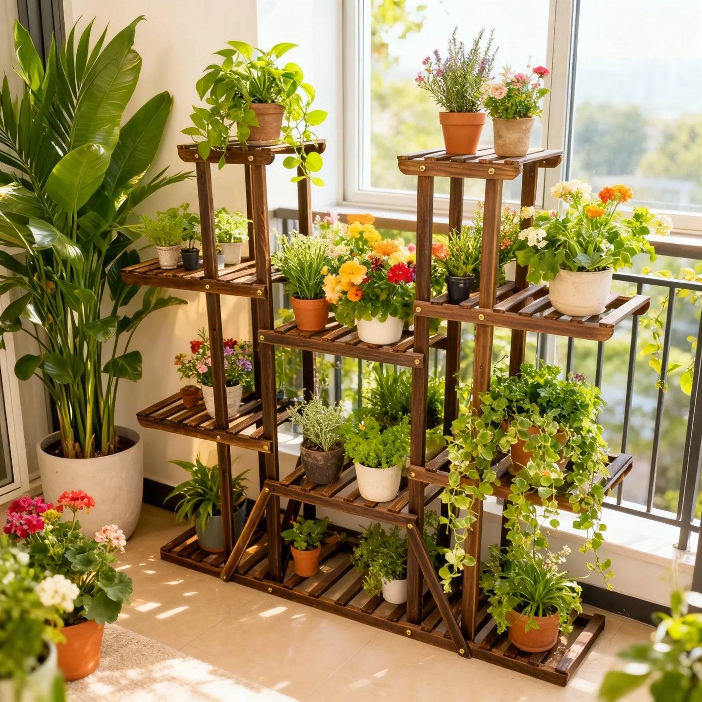 11 Tier Carbonized Wooden Plant Stand Flower Pot Display Rack
