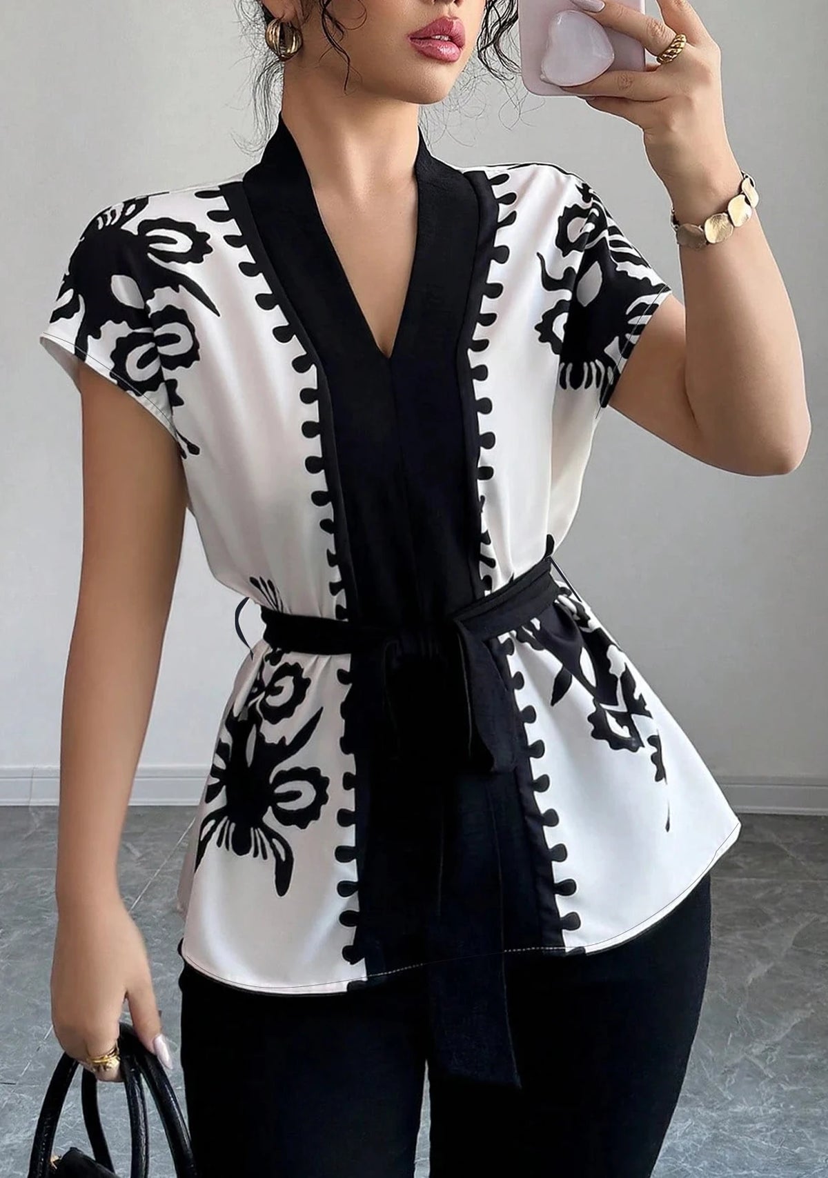 Floral Print Waist Cinching Short Sleeve Casual Blouse for Women