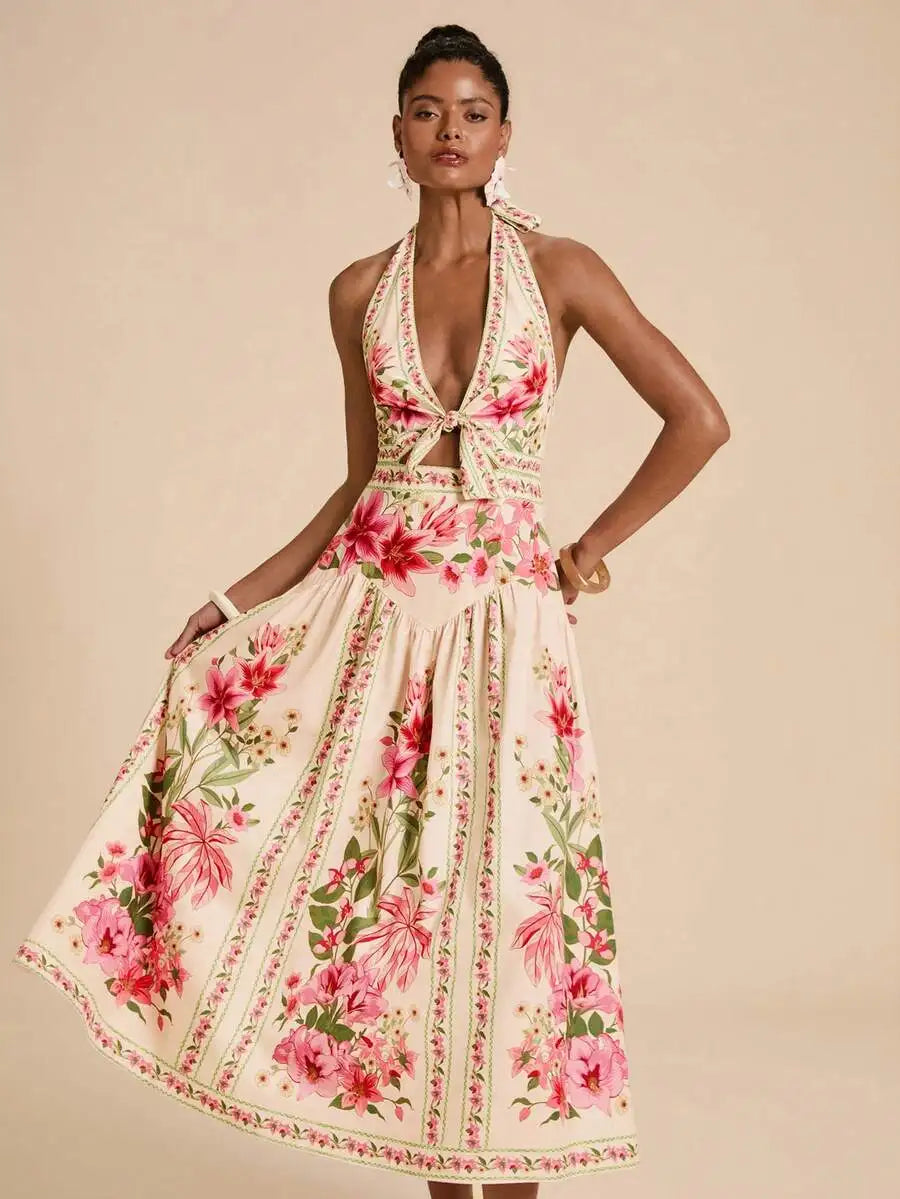 Elegant Floral Print Halter Backless Vacation Dress For Women