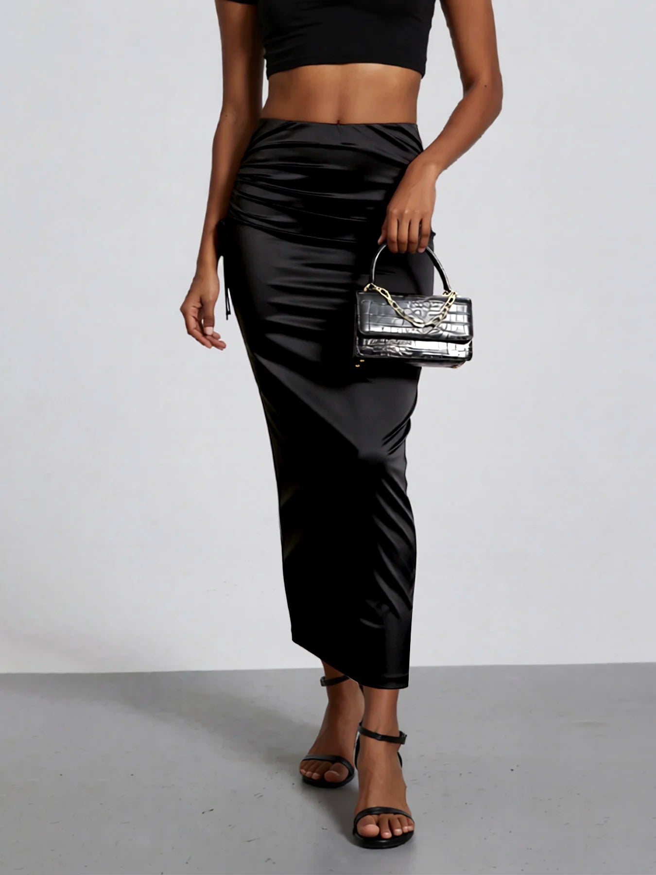 Women Satin Ruched Drawstring High Waist Midi Skirt