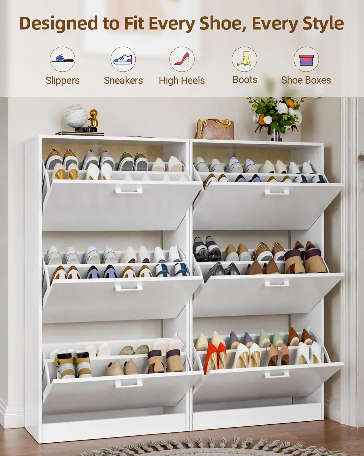 Slim Freestanding Shoe Cabinet With Flip Drawers Hidden Storage