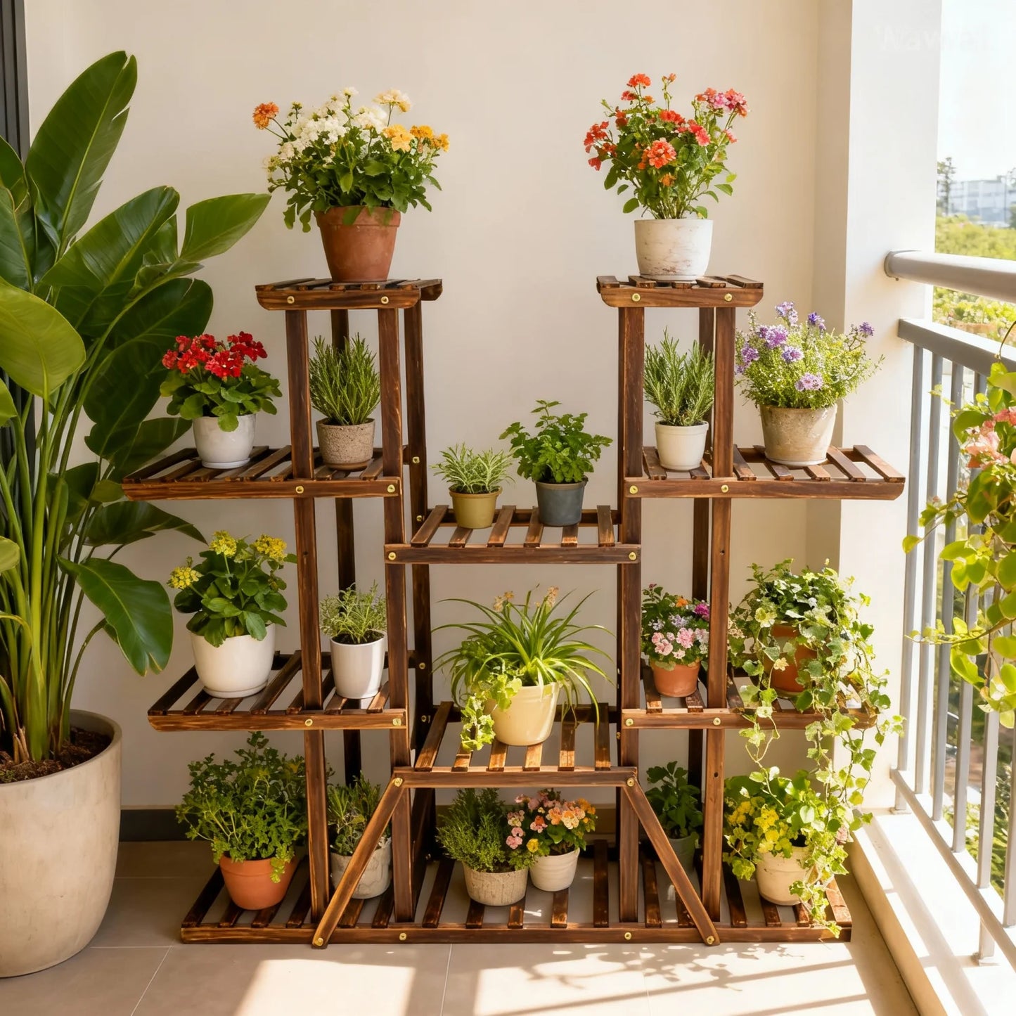 11 Tier Carbonized Wooden Plant Stand Flower Pot Display Rack