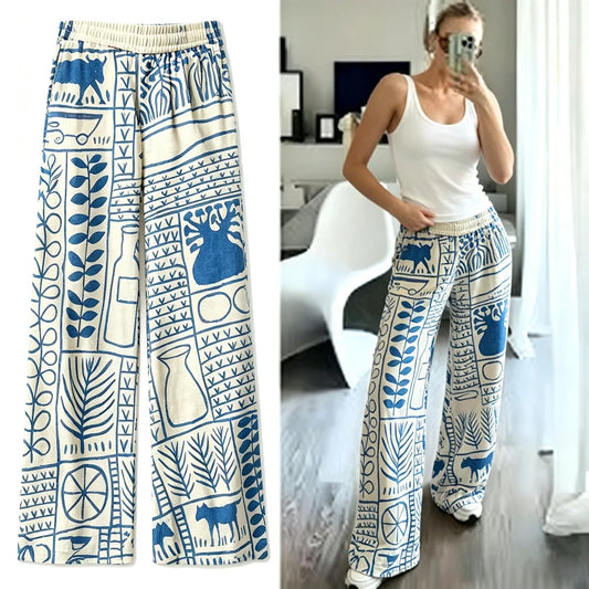 Women's Printed Wide-Leg Trousers High-Waist Bohemian Style