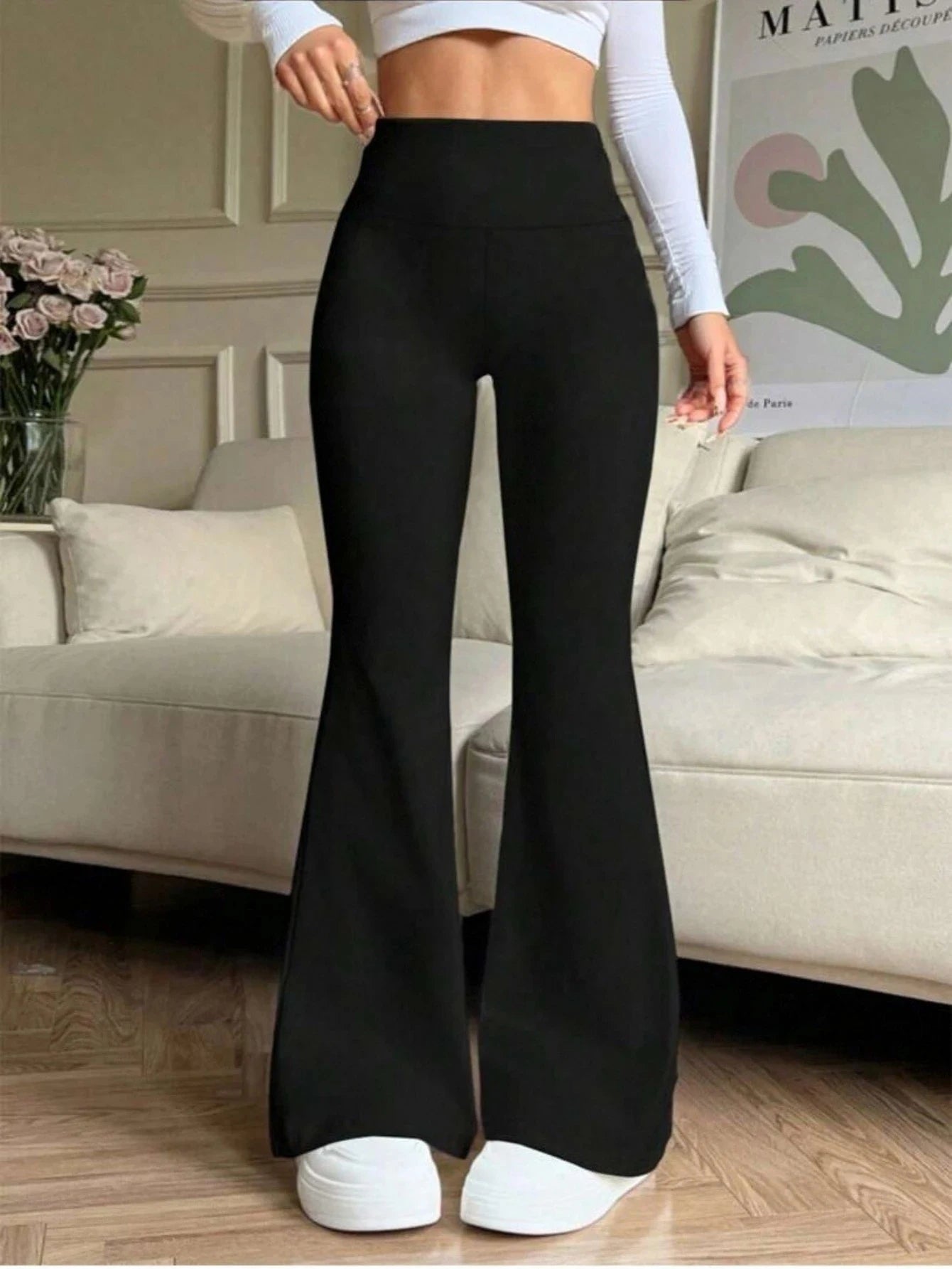 Women's High Waisted Flared Knit Pants With Stretchy Fit