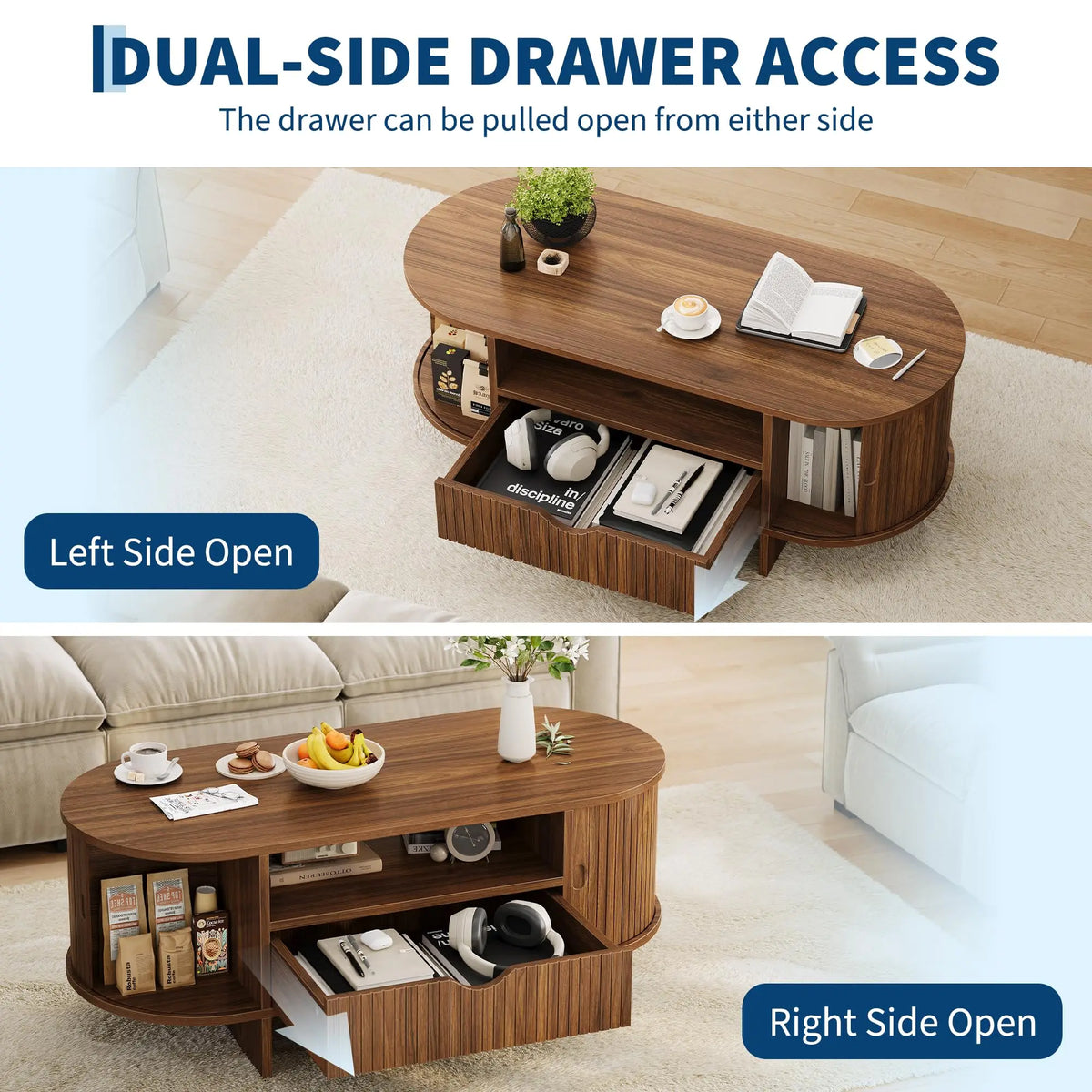 HiMISS Modern Oval Coffee Table With Drawer And Cabinet Storage
