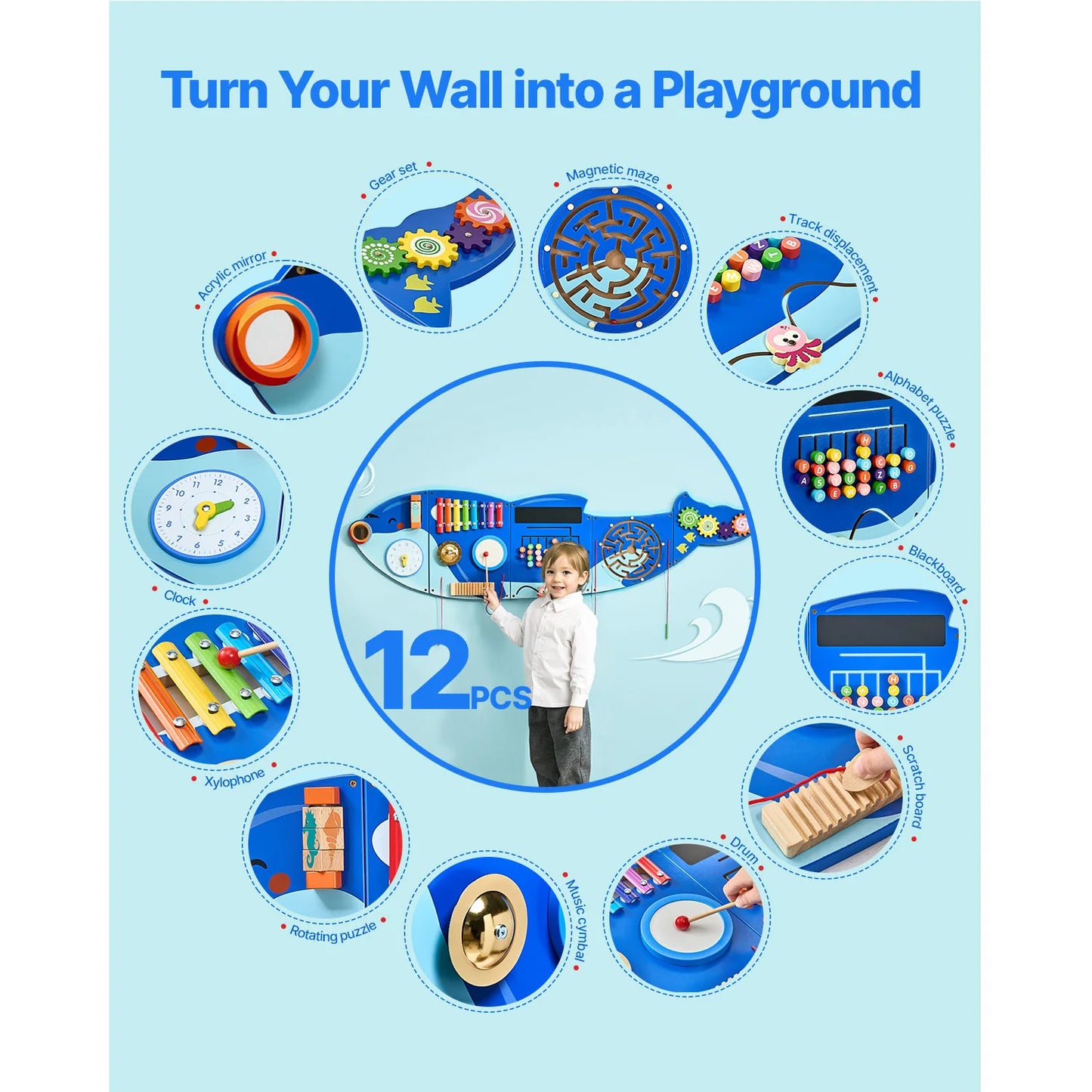 SucceBuy Orca Kids Wall Busy Board Montessori Sensory Learning Toy For 3 To 12
