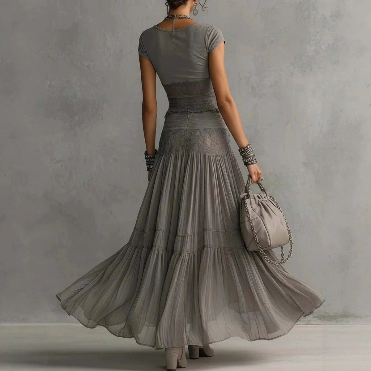 Women's Knit Top And Chiffon Dress Two Piece Fashion Set