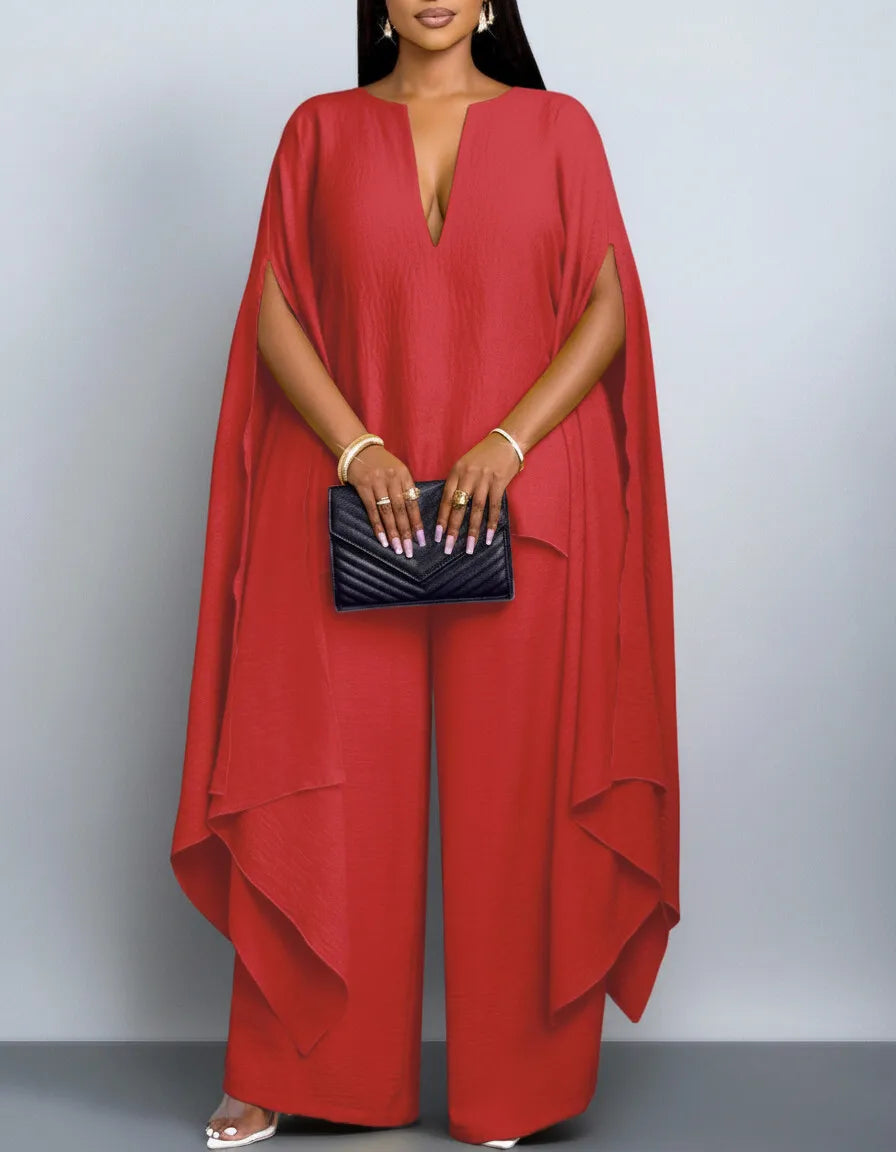 Women's Cape Sleeve Top Wide Leg Pants Two Piece Set