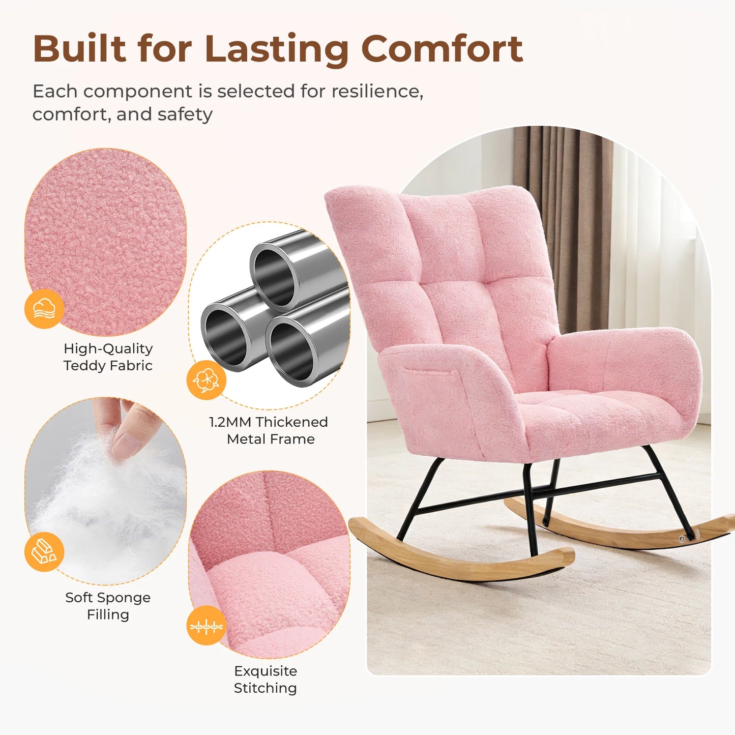 JHK Teddy Upholstered Saucer Rocking Chair With High Back