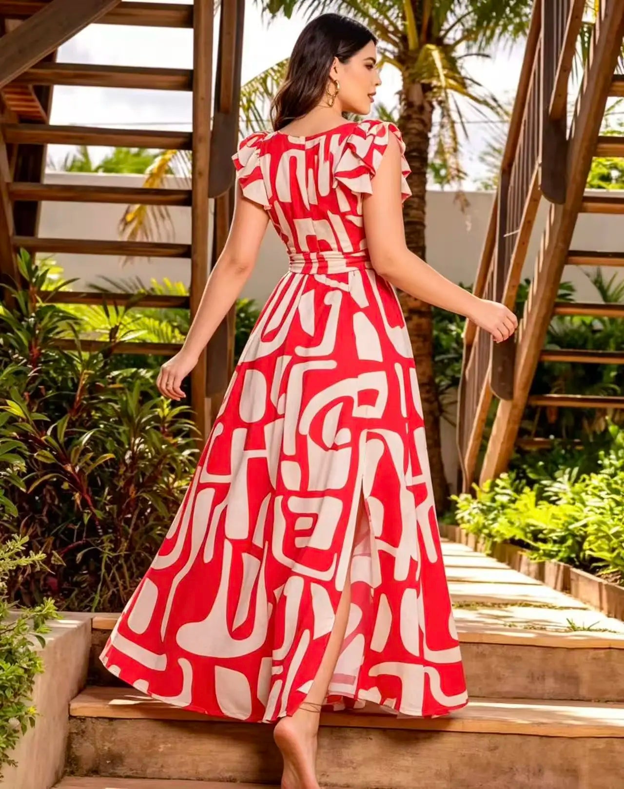 Geometric Print Sleeveless Maxi Dress With Bow Waist And Slit