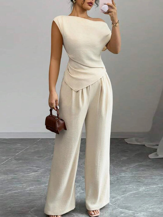 Elegant Asymmetric Top And Wide Leg Pants Two Piece Set