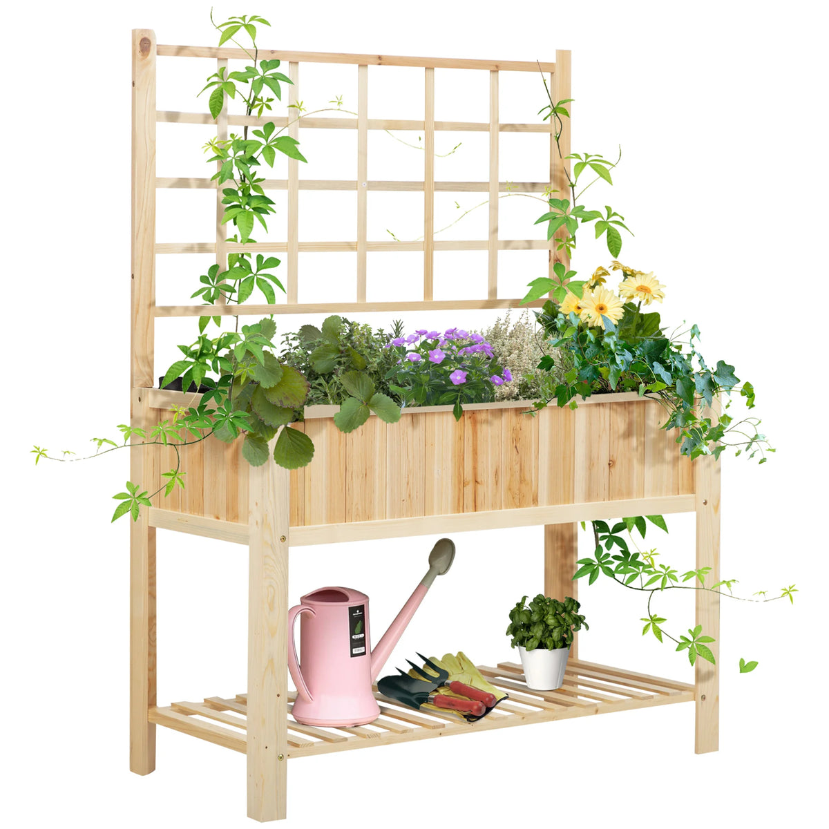 Outsunny Wooden Raised Garden Bed With Trellis And Storage Shelf