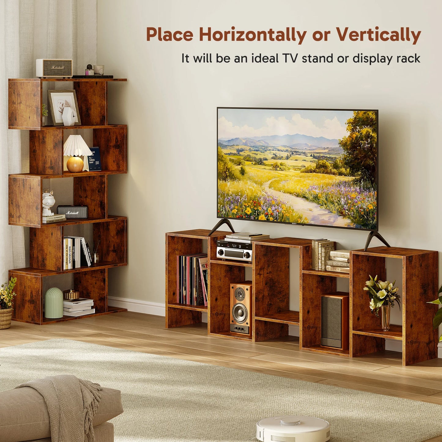 JHK Geometric 5-Tier S-Shaped Wood Bookcase For Living Room Display