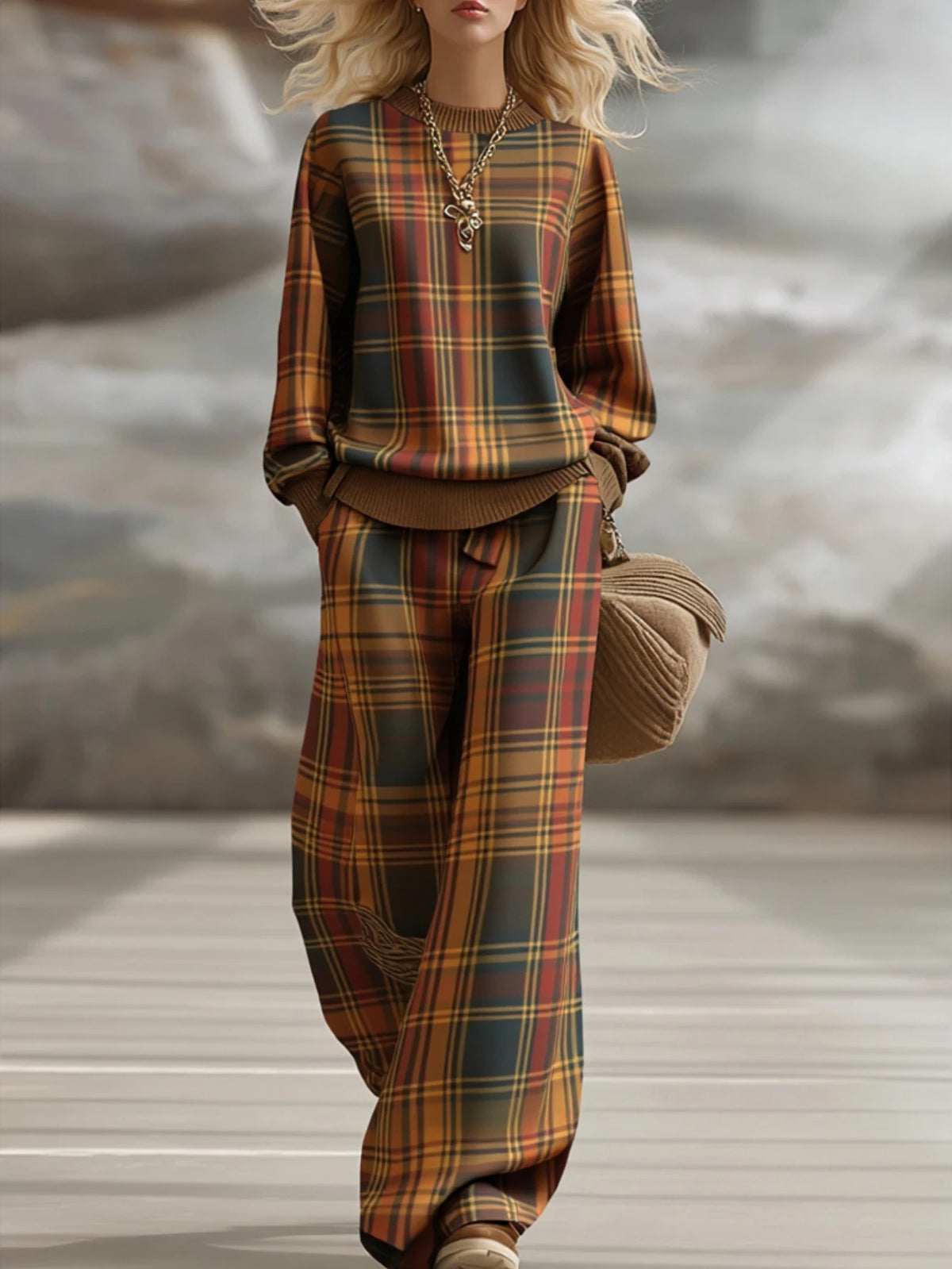 Women's Plaid Print Casual Two Piece Top And Pants Set