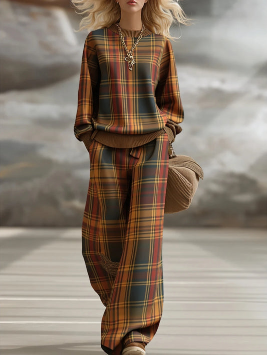 Women's Plaid Print Casual Two Piece Top And Pants Set