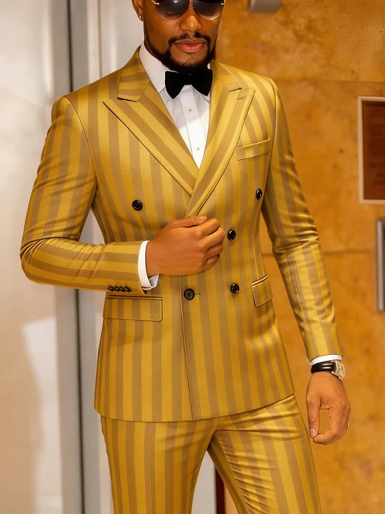 Men's Jacquard Two-Piece Suit Set Double Breasted Jacket Pants