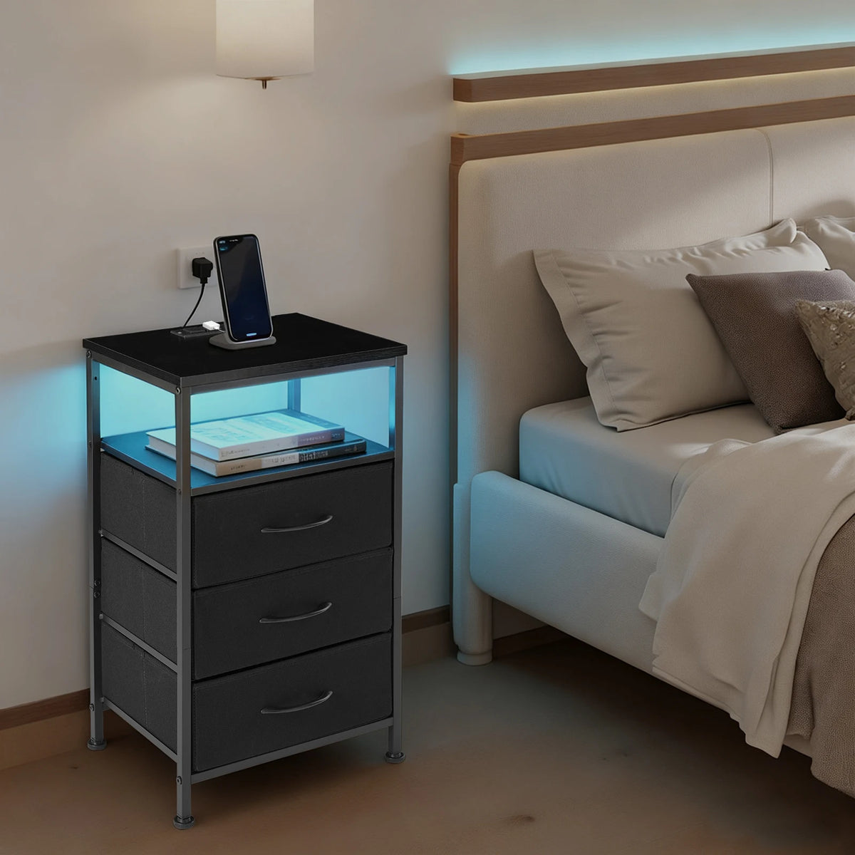 JHK Bedside Nightstand With Charging Station And USB Ports