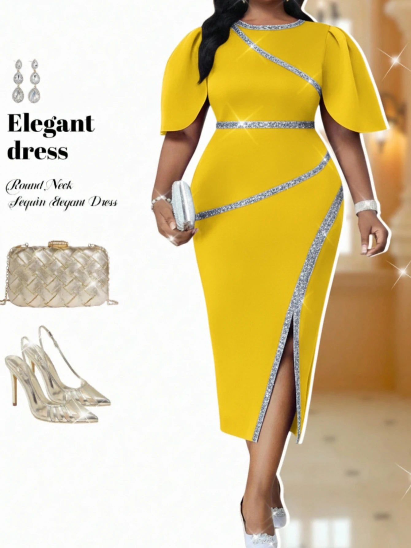 Women's Flutter Sleeve Diagonal Split Midi Bodycon Dress