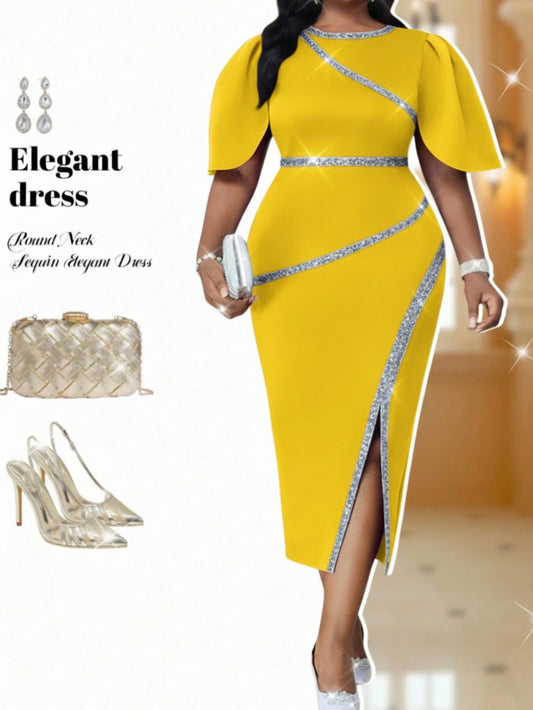 Women's Flutter Sleeve Diagonal Split Midi Bodycon Dress