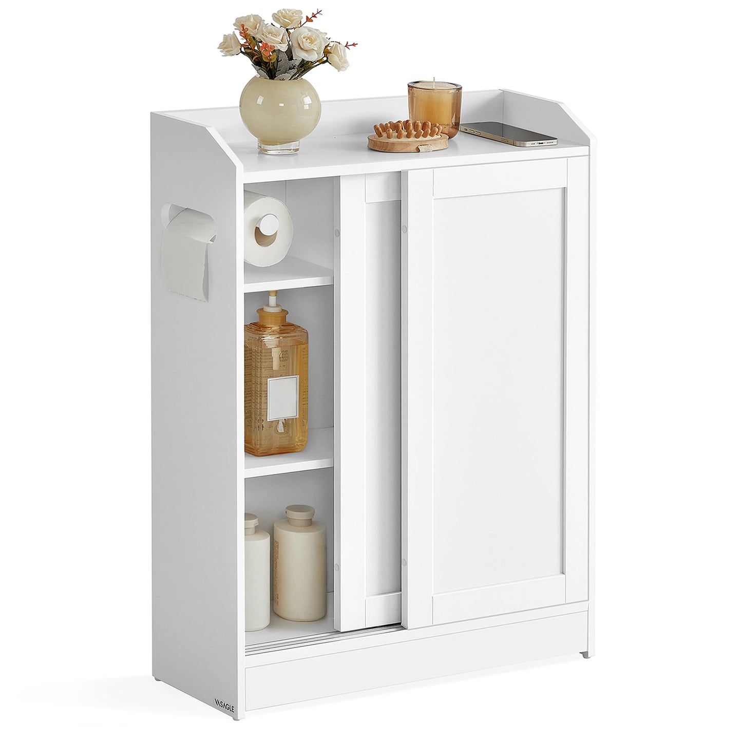 VASAGLE Narrow Storage Cabinet With Sliding Doors Toilet Paper Holder