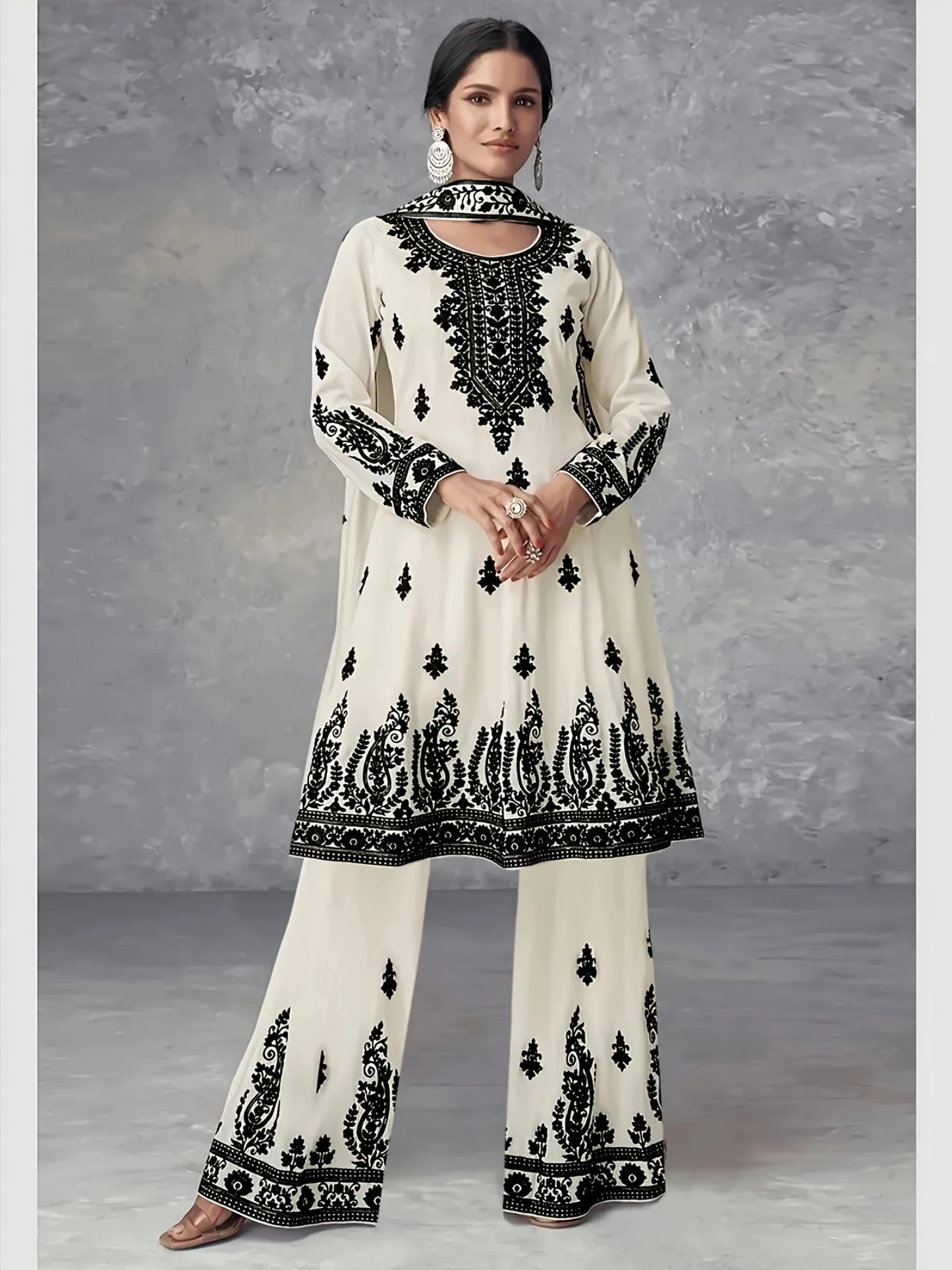 Women's Three Piece Set Ethnic Style Off White Black Printed