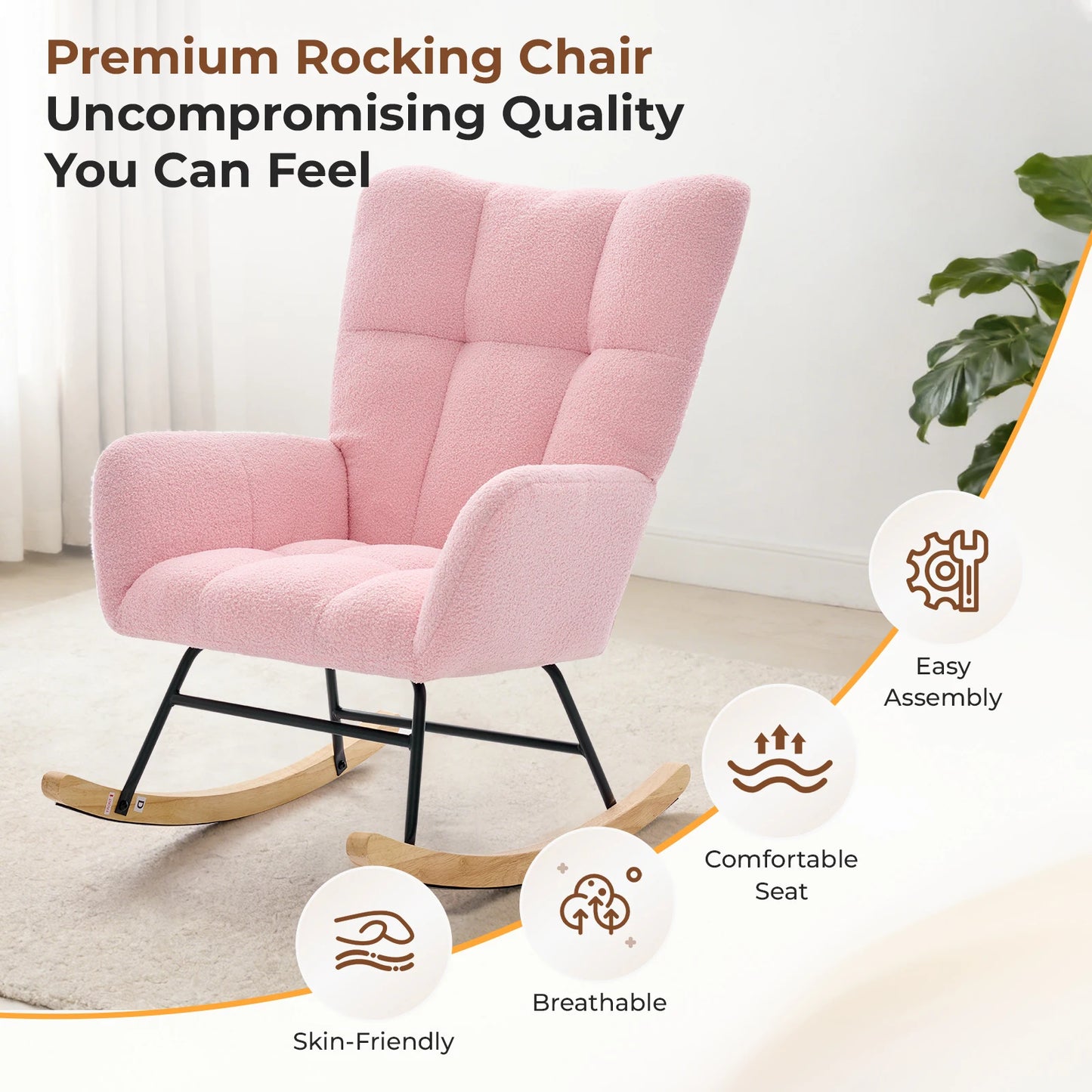 JHK Teddy Upholstered Saucer Rocking Chair With High Back