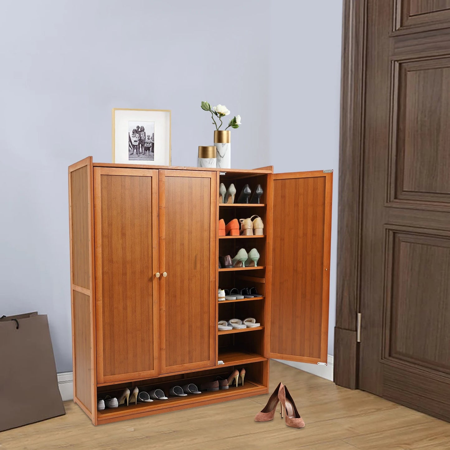 Natural Bamboo Shoe Cabinet With 3 Folding Doors And Partitions