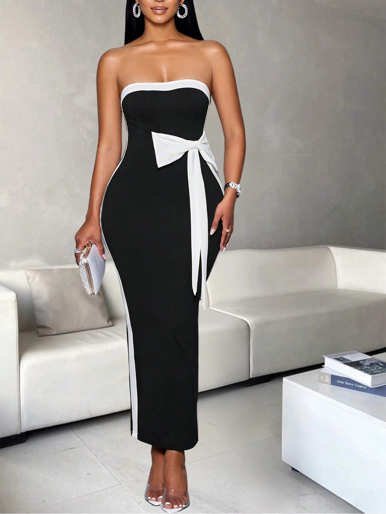 Women One Shoulder Color Block Knot Design Ankle Length Polyester Dress