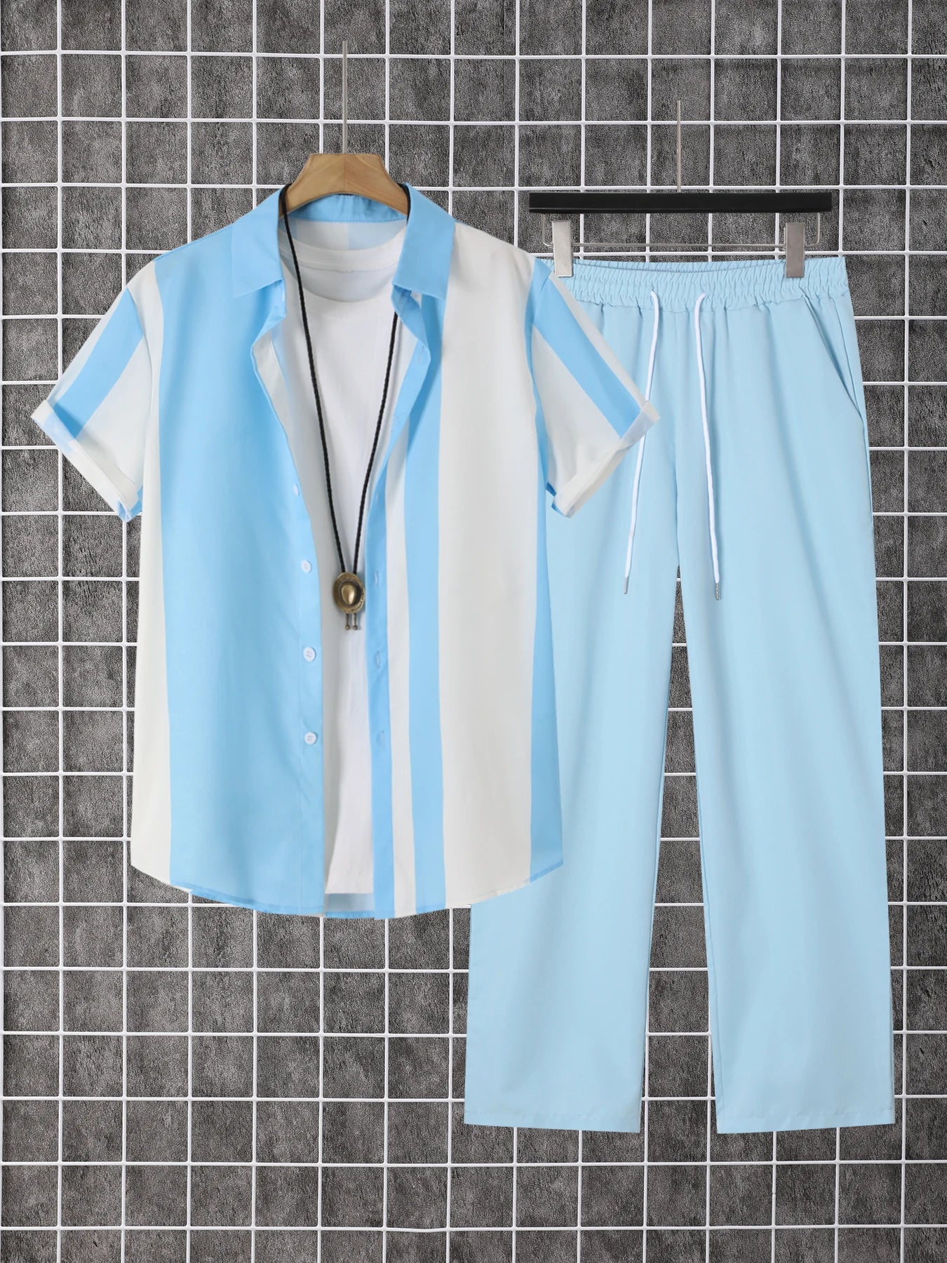 Men's Summer Polyester Printed Button-Down Short Sleeve Shirt And Pants