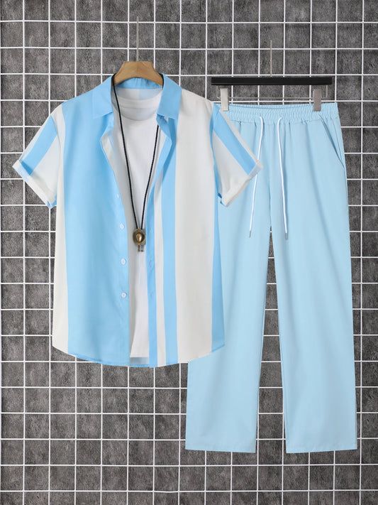 Men's Summer Polyester Printed Button-Down Short Sleeve Shirt And Pants