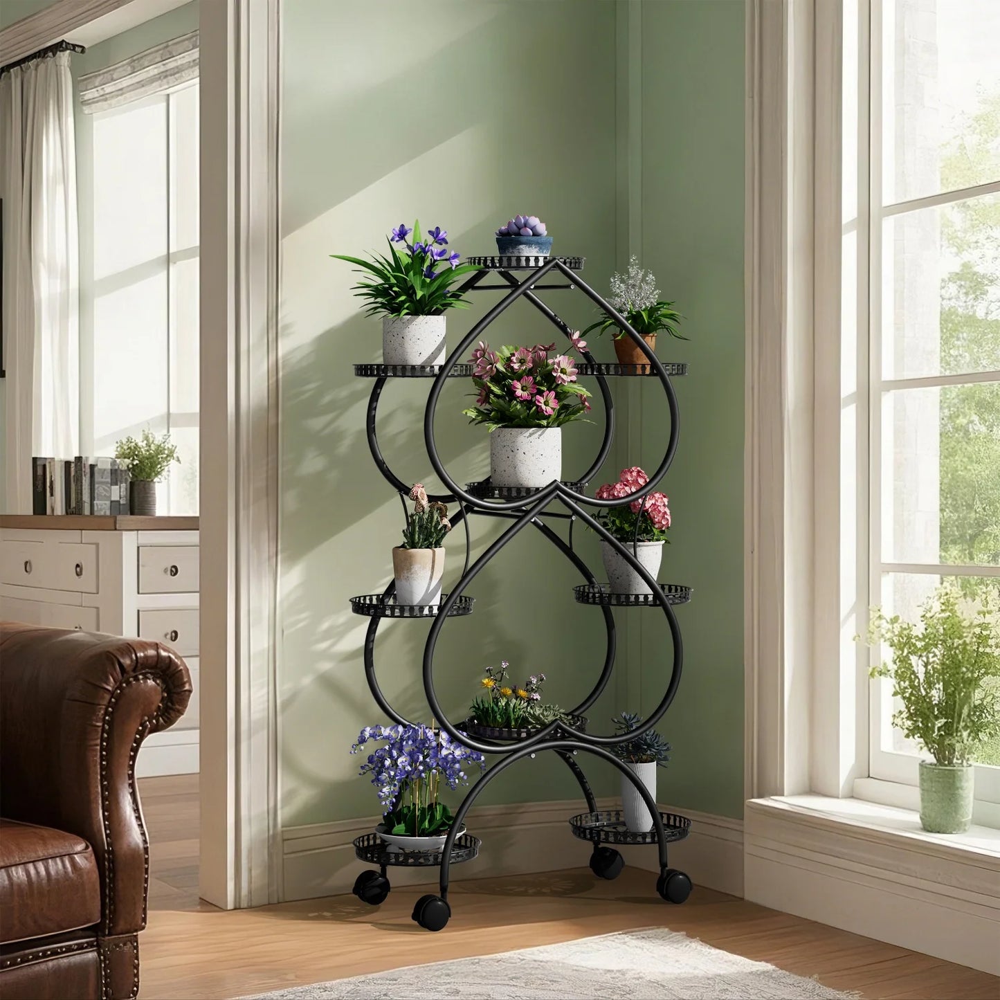 Nine Tier Metal Plant Stand With Wheels For Patio And Garden