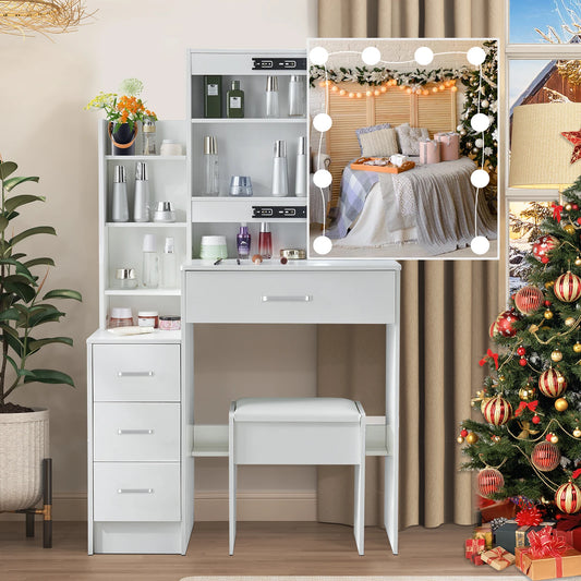Yamissi LED Vanity Desk With Sliding Mirror 4 Drawer