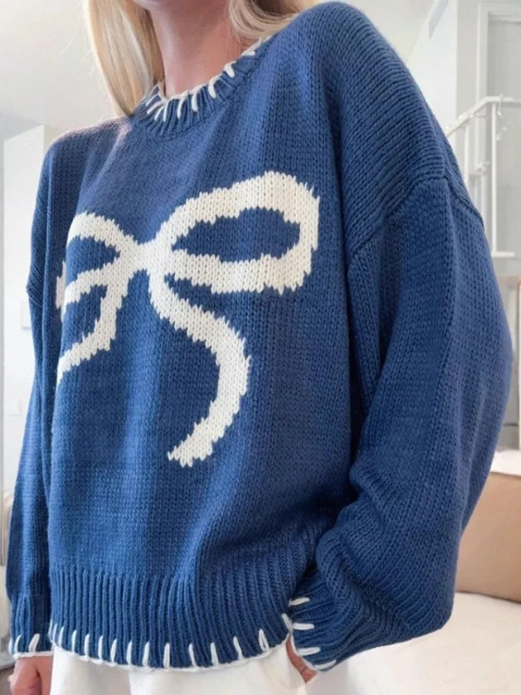 Women's Bow Tie Knit Sweater With Contrasting Stitching