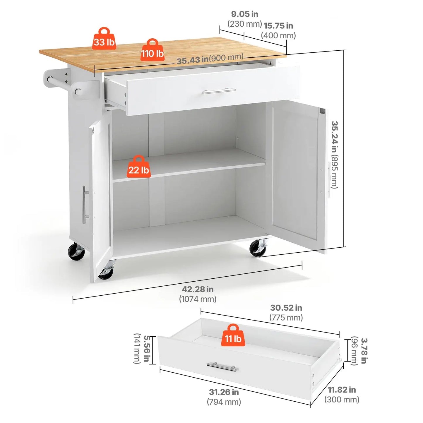 Wooden Rolling Kitchen Island Cart With Drawers And Spice Rack