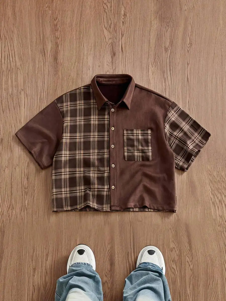 Men Patchwork Corduroy Short Sleeve Shirt Casual Daily Wear