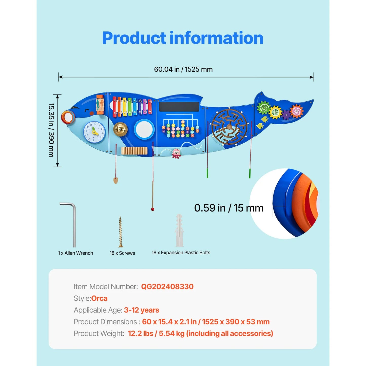 SucceBuy Orca Kids Wall Busy Board Montessori Sensory Learning Toy For 3 To 12