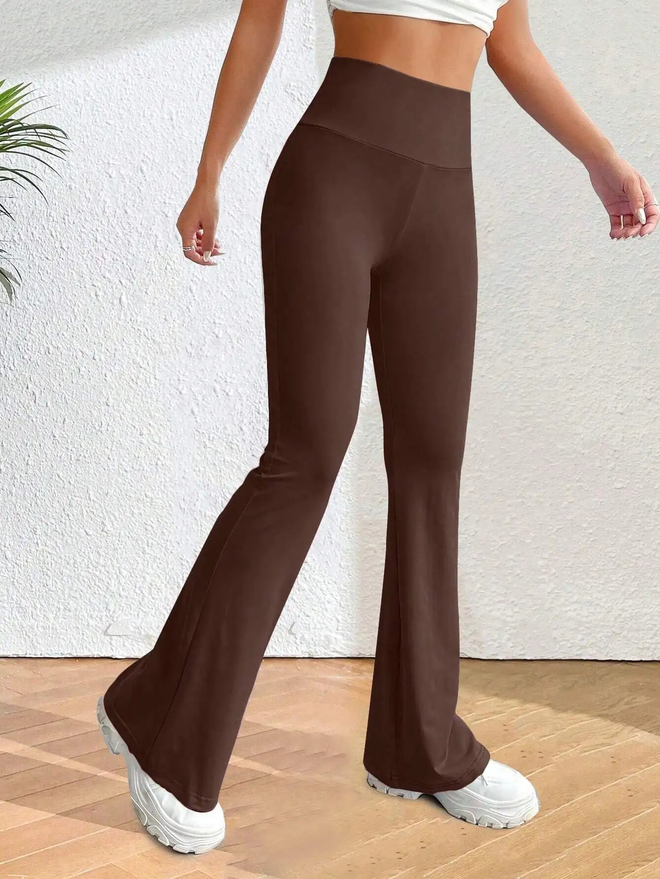 Solva Solid Flare Leg Pants For Women Elastic Waist Yoga