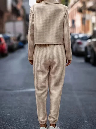 Womens Single Breasted Lapel Knit Cardigan And Trousers Set