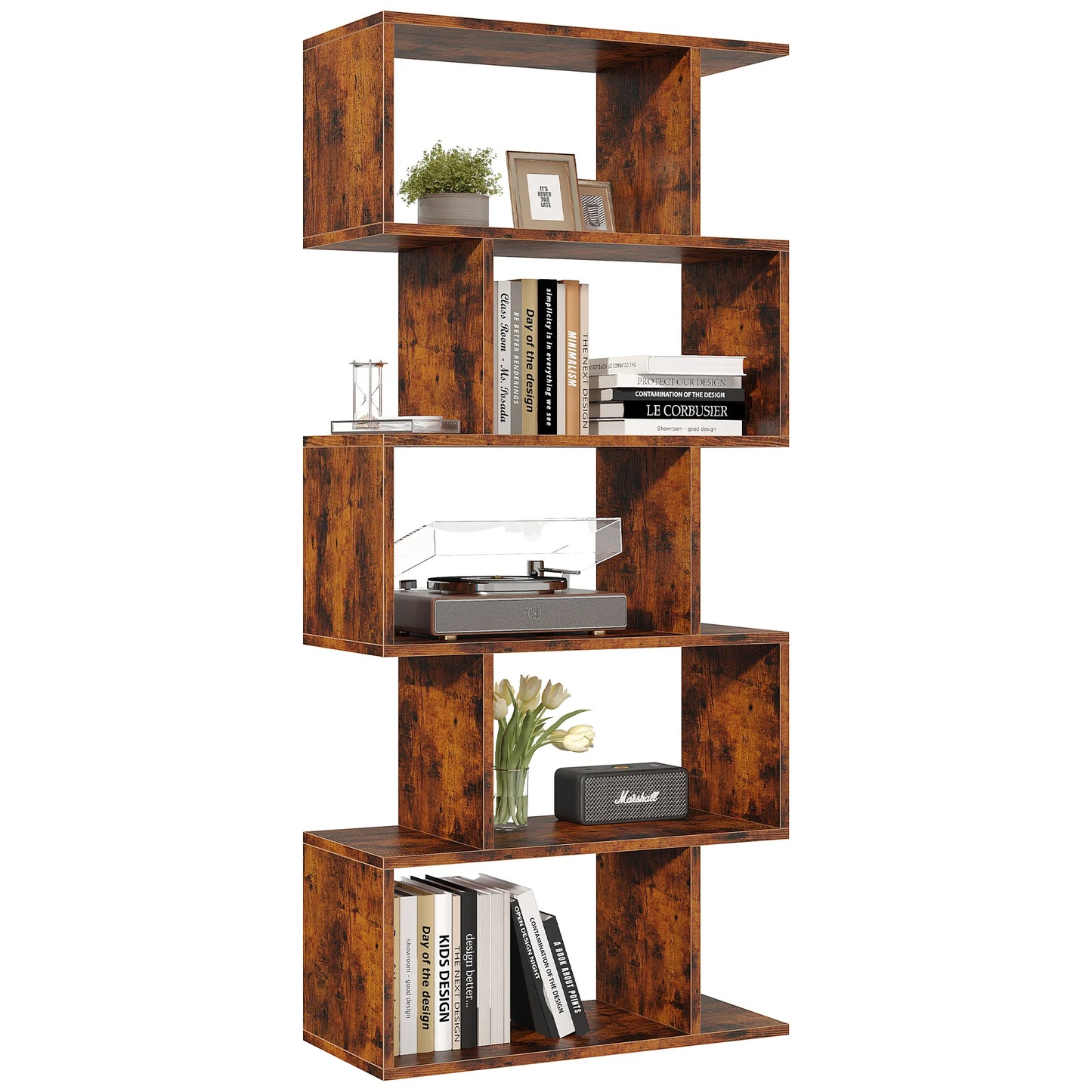 JHK Geometric 5-Tier S-Shaped Wood Bookcase For Living Room Display