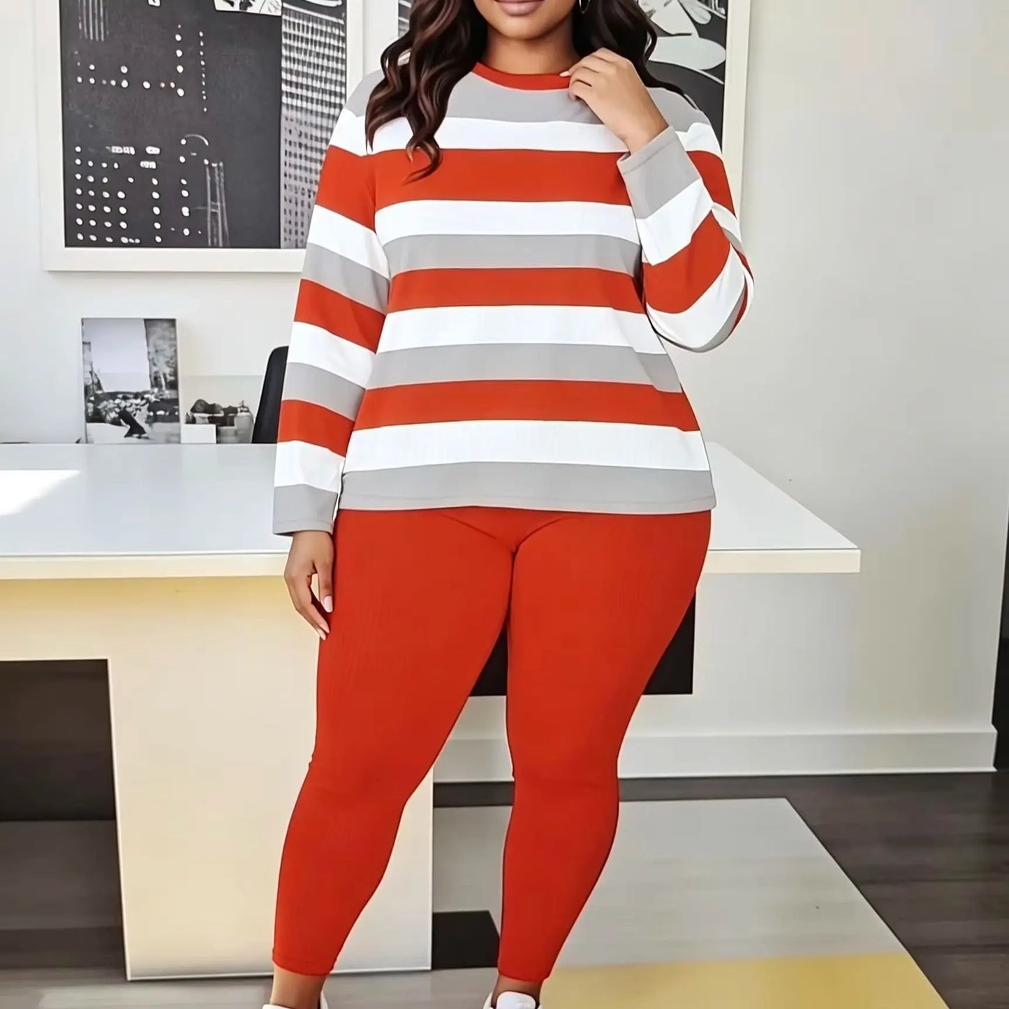 Women's Long Sleeve Two Piece Set Ribbed Pants Casual Loungewear