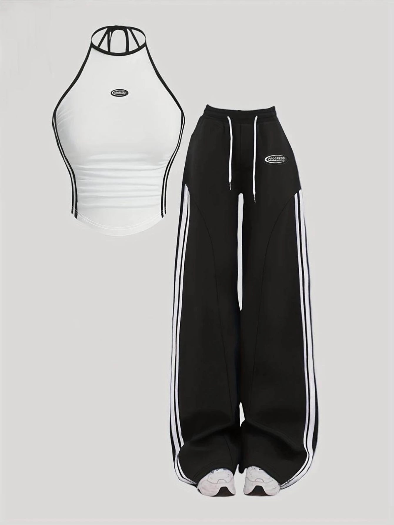 Women Striped Halter Crop Top With Drawstring Wide Leg Pants