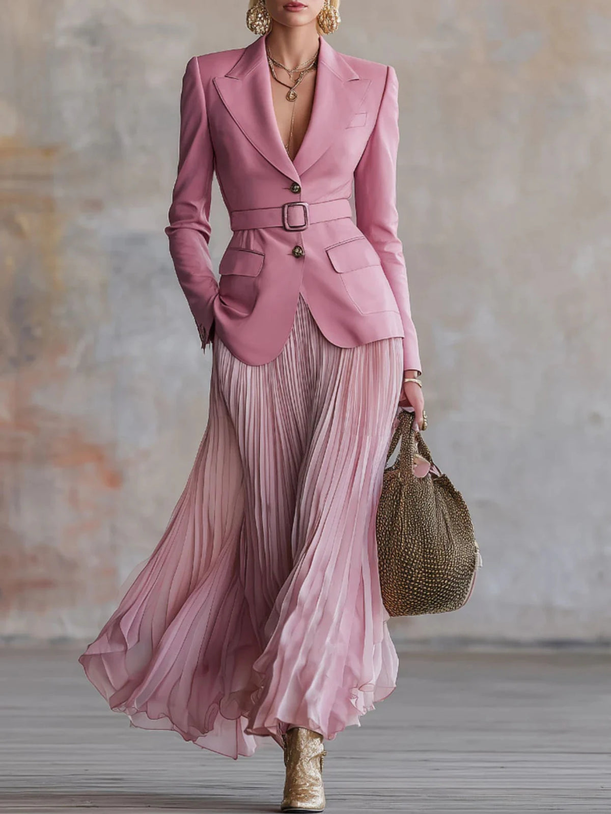 Womens Two Piece Blazer And Pleated Skirt Suit Set