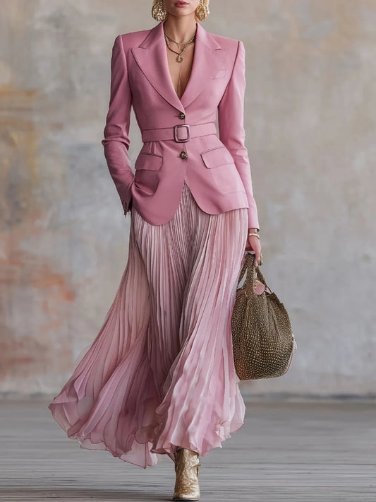 Womens Two Piece Blazer And Pleated Skirt Suit Set