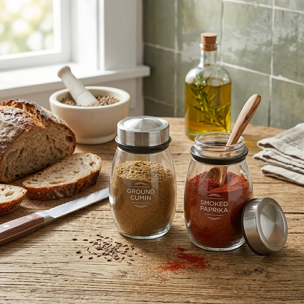 Rotating Spice Rack With Glass Jars And Blank Labels