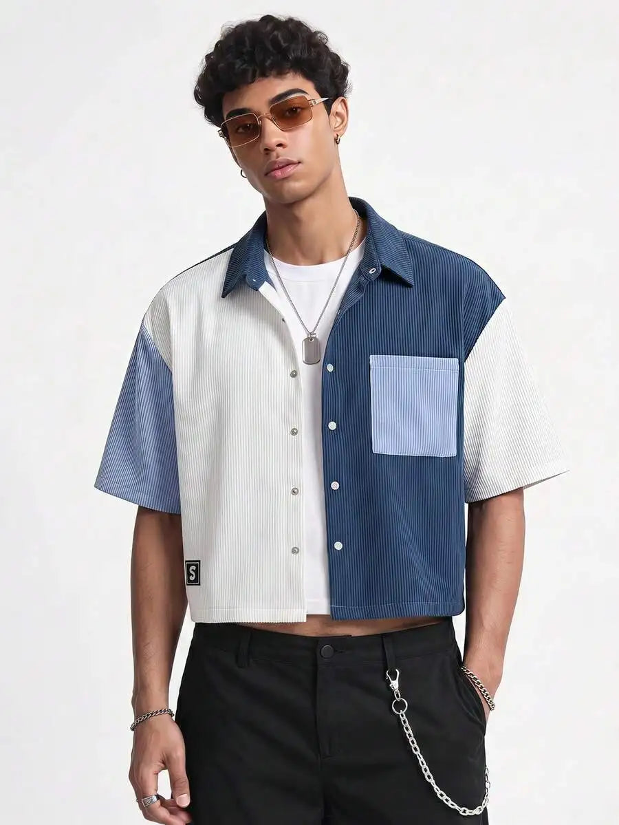 Men Patchwork Corduroy Short Sleeve Shirt Casual Daily Wear