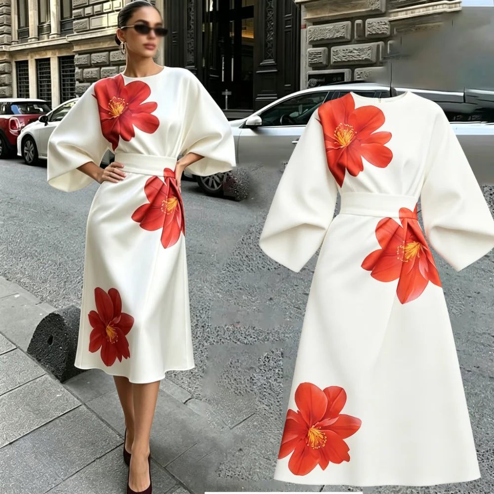 Tie Dye Satin Dress With Puff Sleeves And Belt Detail
