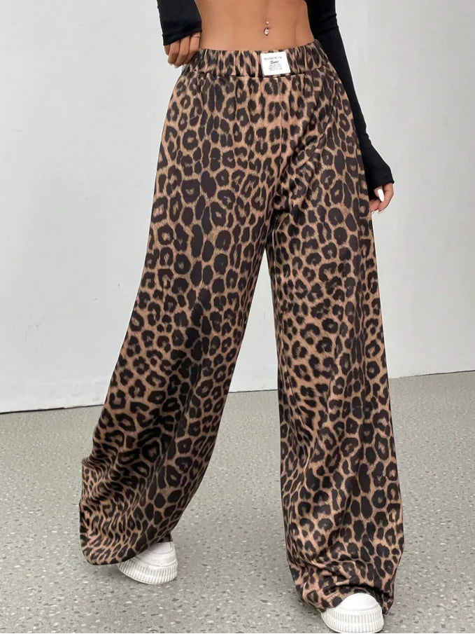 Women Leopard Print Wide Leg Pants With Elastic High Waist