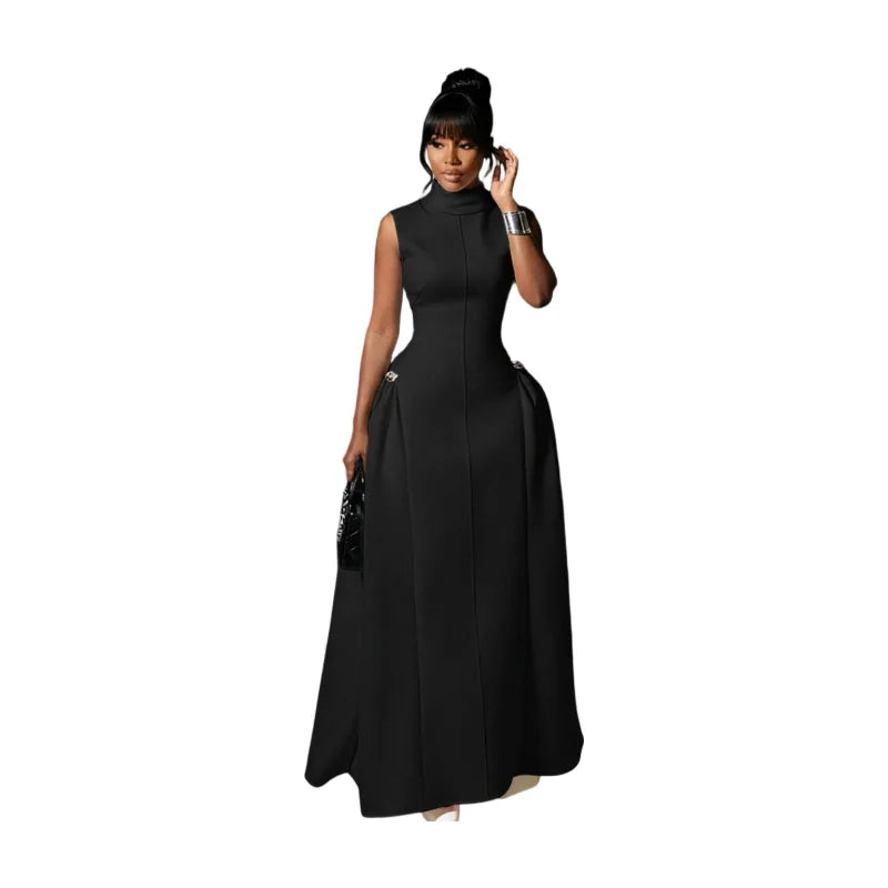 Women High Neck Sleeveless Fitted Polyester Floor Length Maxi Dress