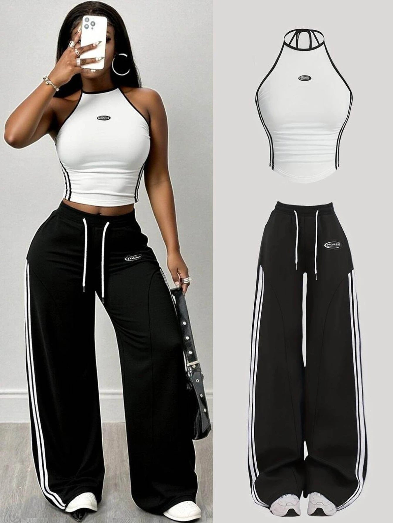 Women Striped Halter Crop Top With Drawstring Wide Leg Pants